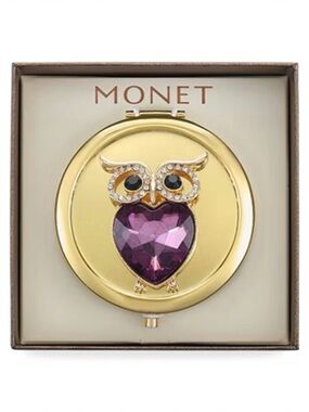 MONET Owl Compact Mirror Gold Tone Rhinestone Purple Crystal Figural New in Box